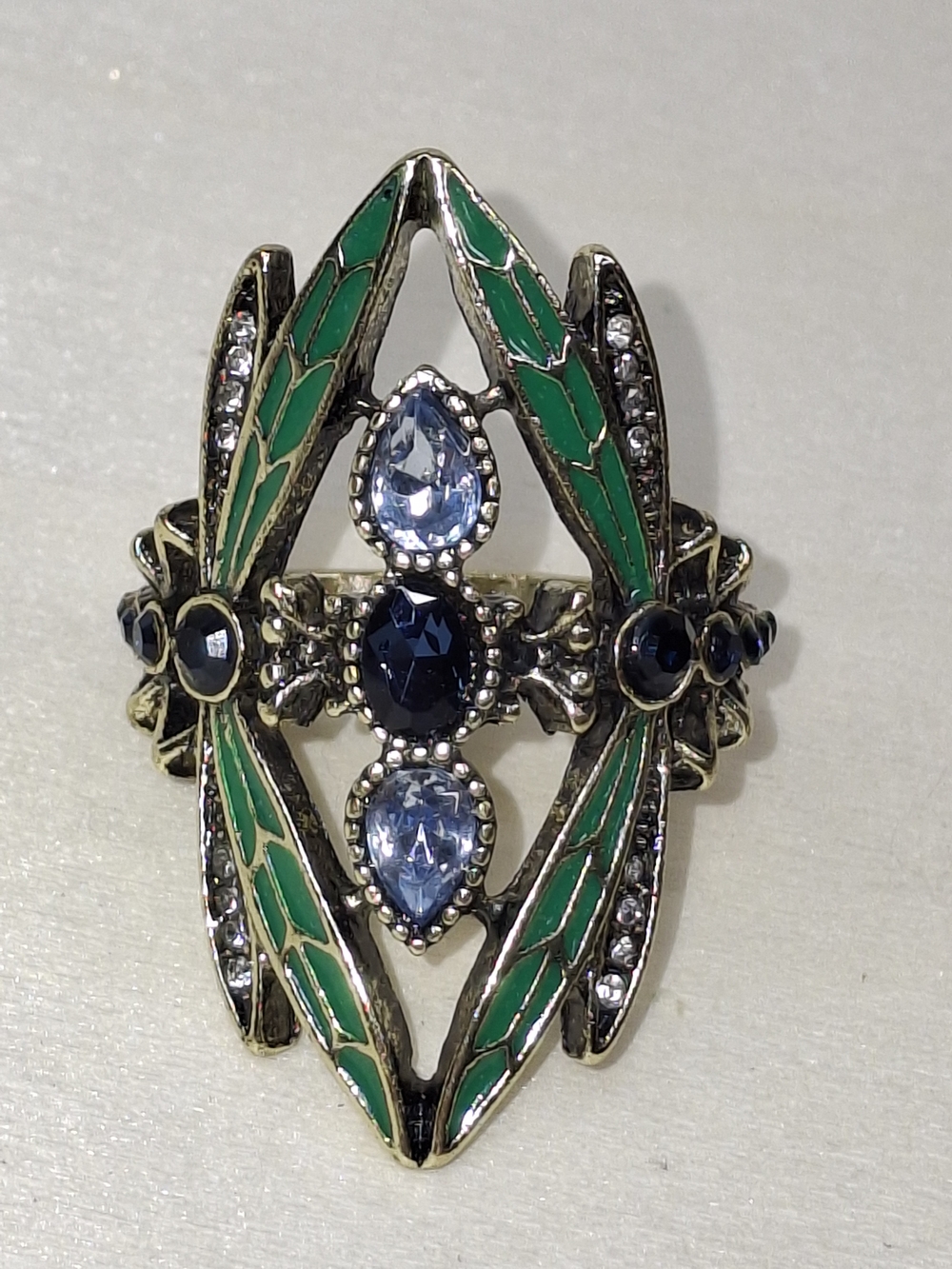 Green Enamel and Blue Crystal Statement Ring
